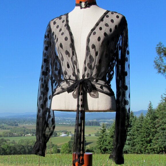 SHEER BLACK JACKET WRAP, M, BLACK POLKA DOTS, EMBER NWT LONG SLEEVES - Picture 7 of 9